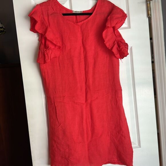 Lungo L’arno 100% Linen Red Flutter Sleeve Shift Dress Size XL Summer Beachy - Picture 1 of 3